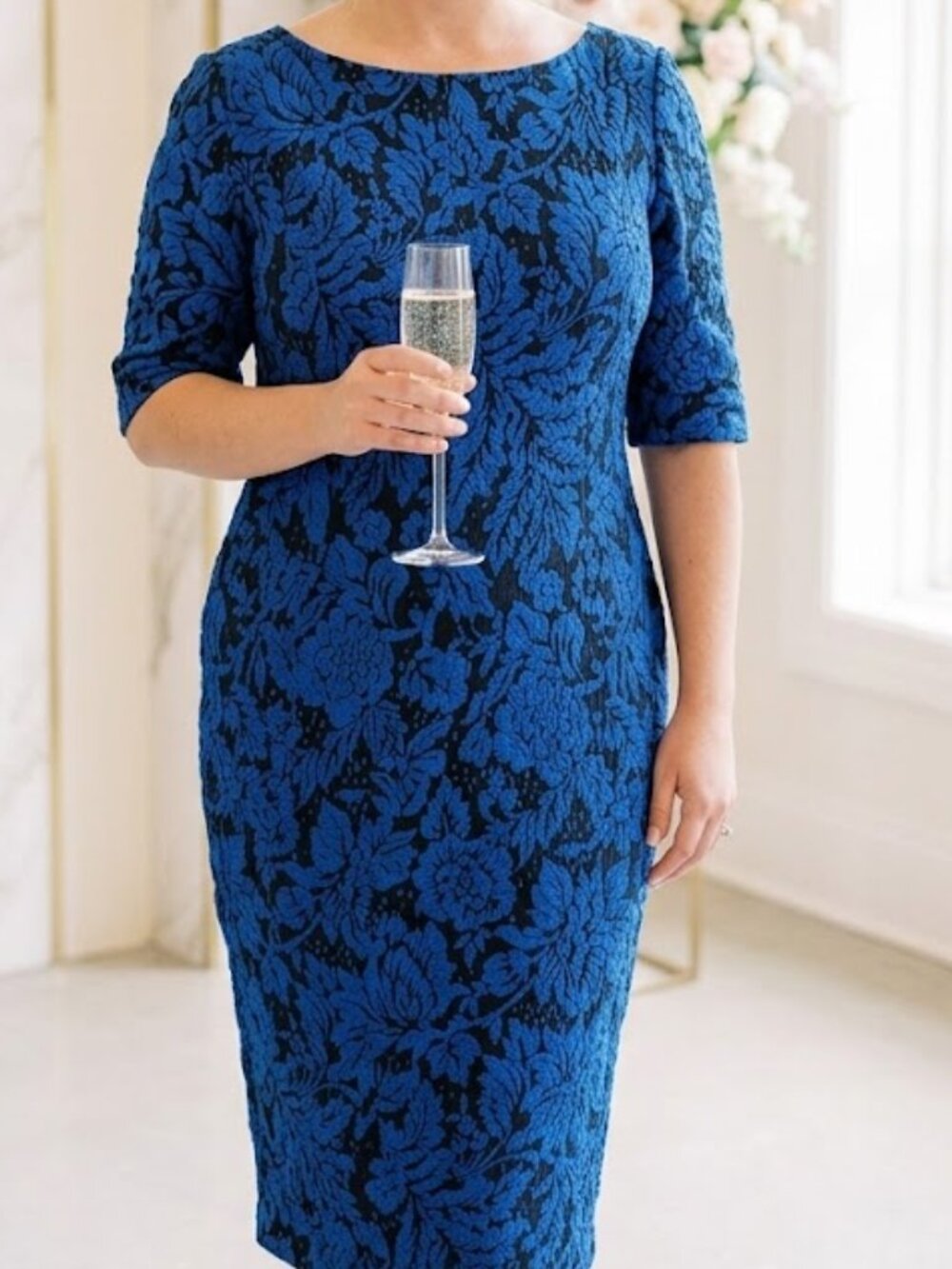Royal Blue Black Floral Jacquard Sheath Dress Elbow Length Sleeves - Sz 14W